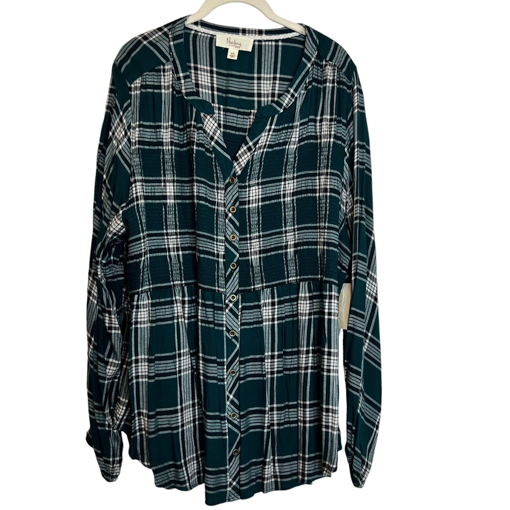 Nurture by Westbound Plus Size Woven Long Sleeve Blouse 2X Button Front Green